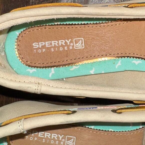 Sperry Top-Sider Angelfish Boat Shoes Beige Leather Gold Laces NWT SZ 8.5 - Picture 3 of 13